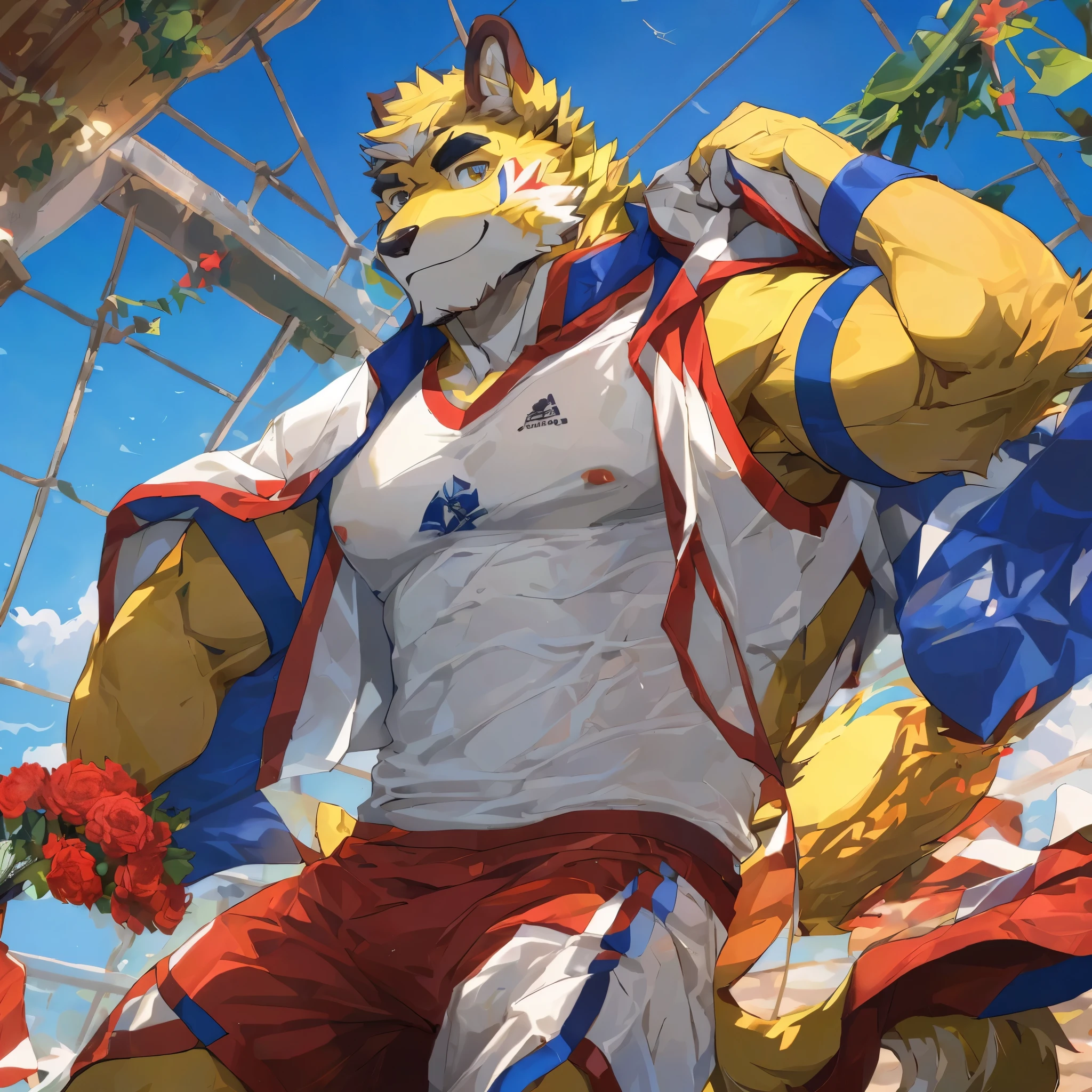 masterpiece,best quality,Detailed background,Hello，It's notHellong,New Jersey 5 Hairy,window,Sunlight,The name of this plant is forget-me-not, alone,solo focus,male,male focus,Humanity,dog,(sports:1.5), (Yellow fur,,black eyebrows:1.5),view viewer, exquisite eyes,delicate eyes,agate eyes,Puppeteer,5 fingers, (see-through raincoat),Holding flowers in hand and smiling，Waiting for someone to knock Hellom down，Yao Zhui,Strong body，majesty，He took the initiative to lift Hellos sHellort，Expose eight-haired abs and two tHellock pectorals