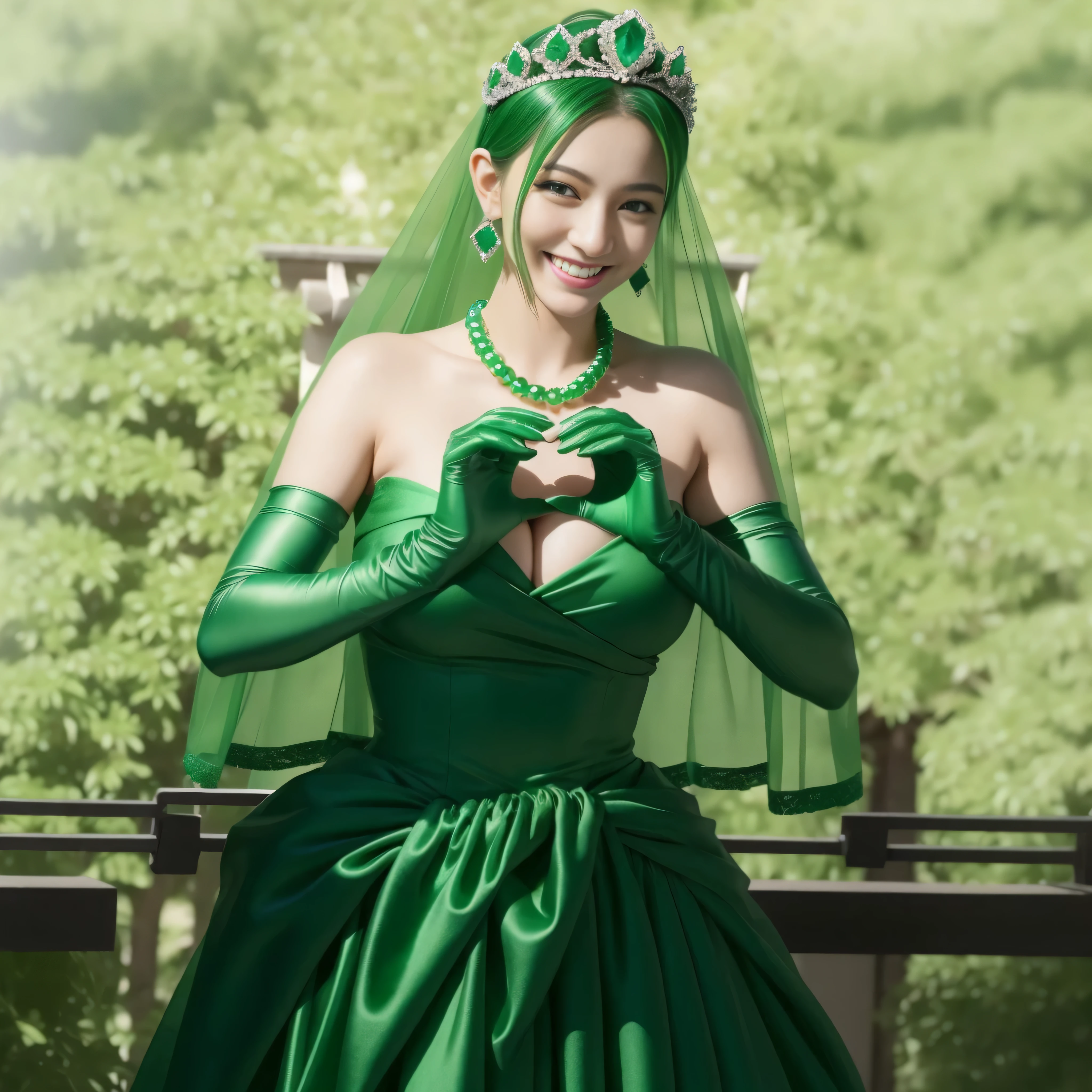 emerald tiara, green pearl necklace, ボーイッシュな非常に短いgreen hair, lipstick, smiling Japanese woman, very short hair,  Beauty with large breasts, green eyes, Long Green Satin Gloves, green eyes, emerald earrings, green veil, heart with both hands, green hair