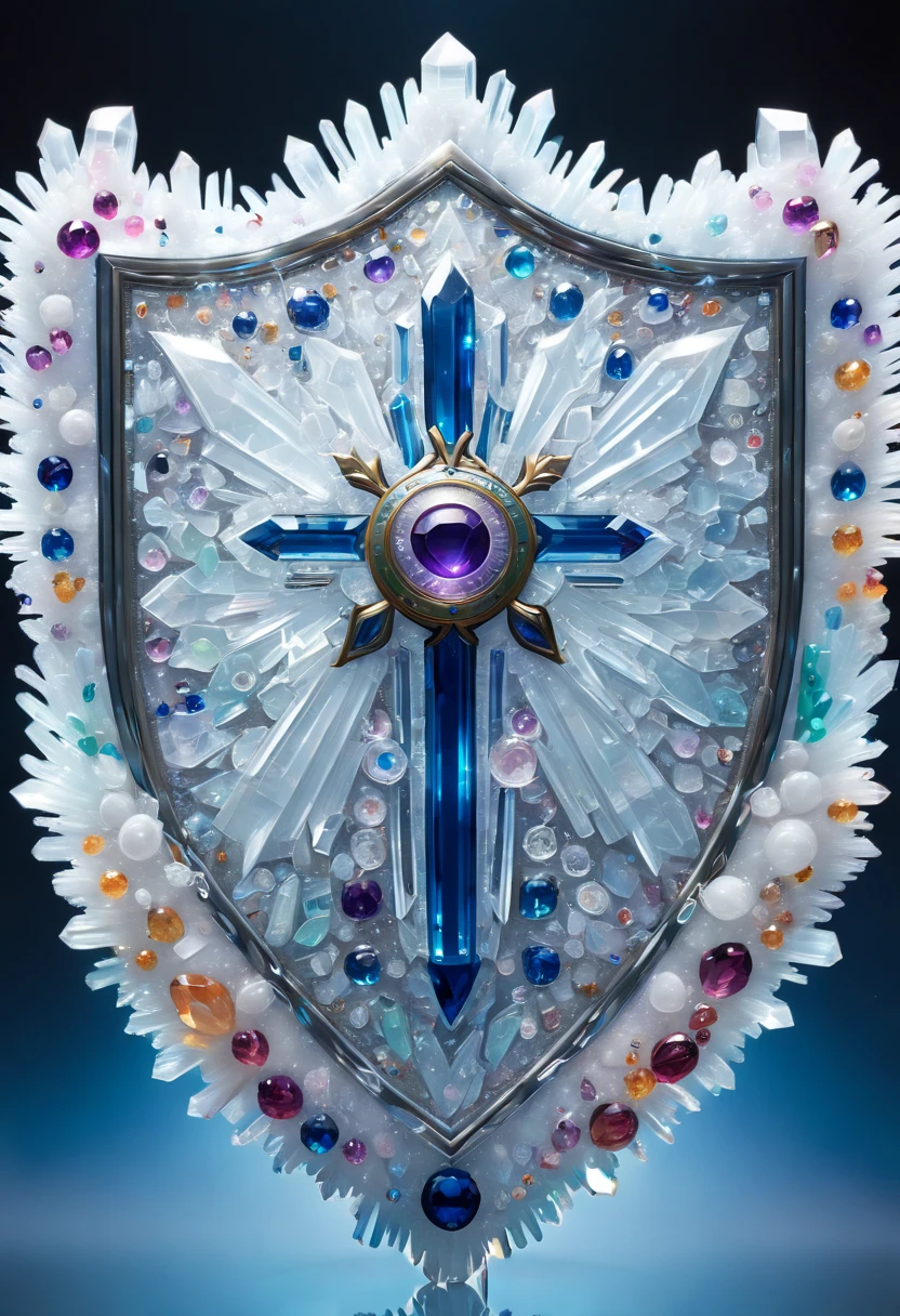 Clock_realm, shield, IvoryGoldAI, (concept art, Ghibli-like colors, Surrealism, ultra high definition, masterpiece, precise, anatomically correct, Super details, Award-winning, best quality, high resolution, 8k,The picture is bright,global illumination,high saturation) , Fantasy, Asgard, Asgardshield,北欧神话诸神的shield,Asgardshield,Made entirely of crystals and ice crystals,Transparent and white,(Vision:1.5)
