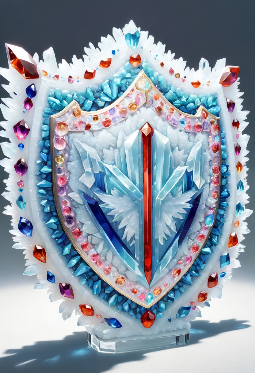 Clock_realm, shield, IvoryGoldAI, (concept art, Ghibli-like colors, Surrealism, ultra high definition, masterpiece, precise, anatomically correct, Super details, Award-winning, best quality, high resolution, 8k,The picture is bright,global illumination,high saturation) , Fantasy, Asgard, Asgardshield,北欧神话诸神的shield,Asgardshield,Made entirely of crystals and ice crystals,Transparent and white,(Vision:1.5)