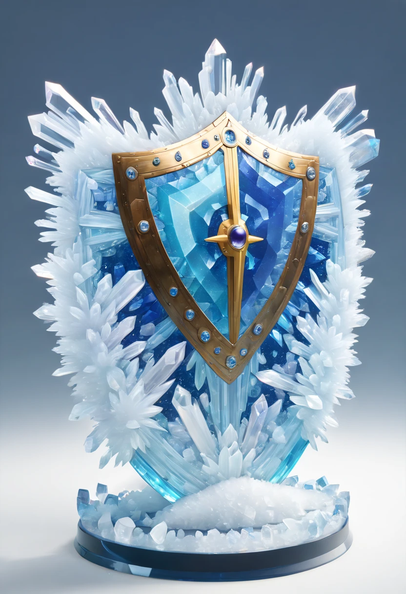 Clock_realm, shield, IvoryGoldAI, (concept art, Ghibli-like colors, Surrealism, ultra high definition, masterpiece, precise, anatomically correct, Super details, Award-winning, best quality, high resolution, 8k,The picture is bright,global illumination,high saturation) , Fantasy, Asgard, Asgardshield,北欧神话诸神的shield,Asgardshield,Made entirely of crystals and ice crystals,Transparent and white,(Vision:1.5)