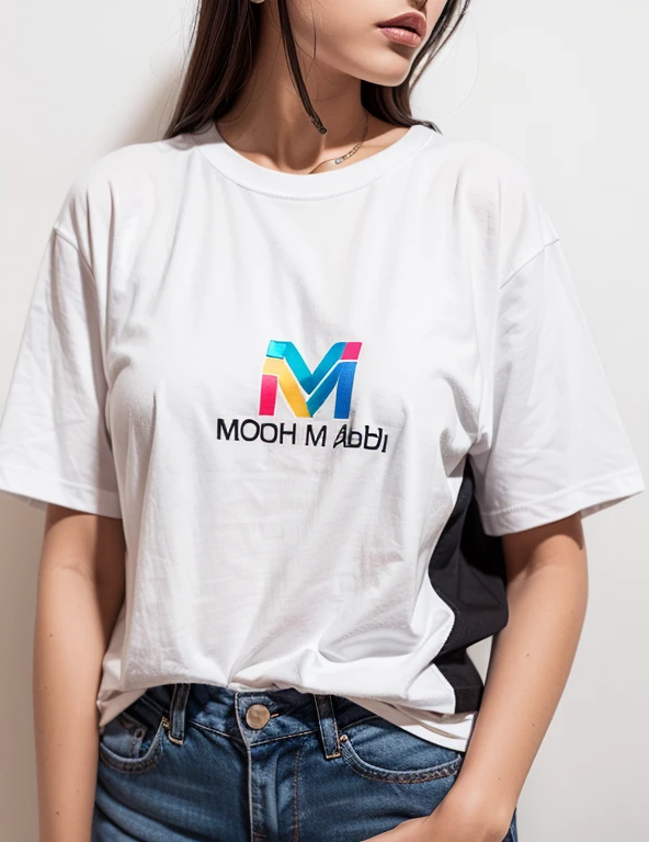 Logo with M and moon. This logo belongs to brand “Mahtab”. This logo is printed on oversized white t-shirt, a Girl wears this oversized t-shirt.(((logo with letter “M”))),(((logo with letter “M”))),(((logo with letter “M”))),(((logo with letter “M”))),