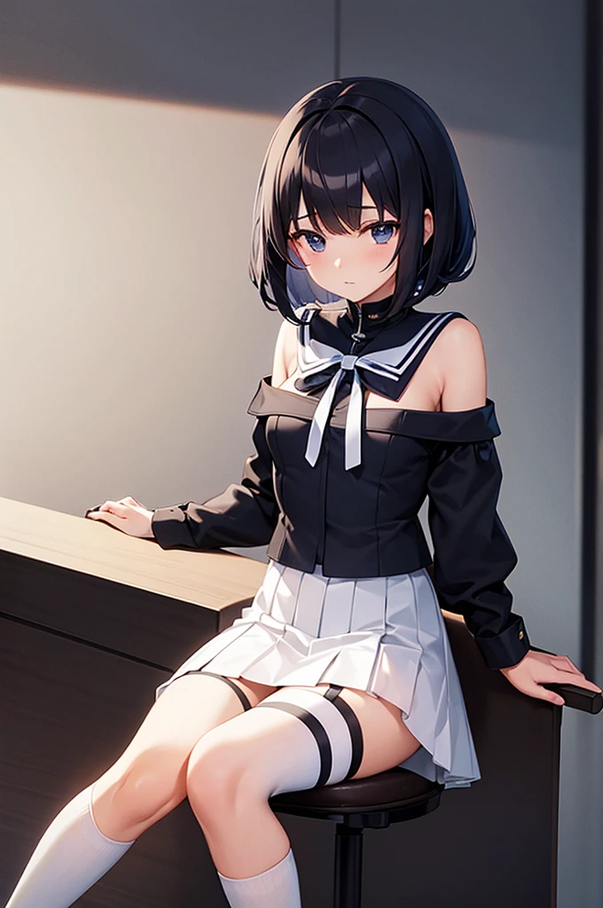[(masterpiece: 1.1, highest quality: 1.1), Shy high school girl in uniform, emphasize, , Sheer,sailor suit　blue mini skirt　White knee-high socks　garter belt　swollen chest　Black Bob Cut　beautiful black eyes　Sitting in a luxurious looking black office chair　leaning on the backrest　legs crossed　Blue ribbon　I have black headphones on my head　I rest my arms on the armrests　looking proudly at me
