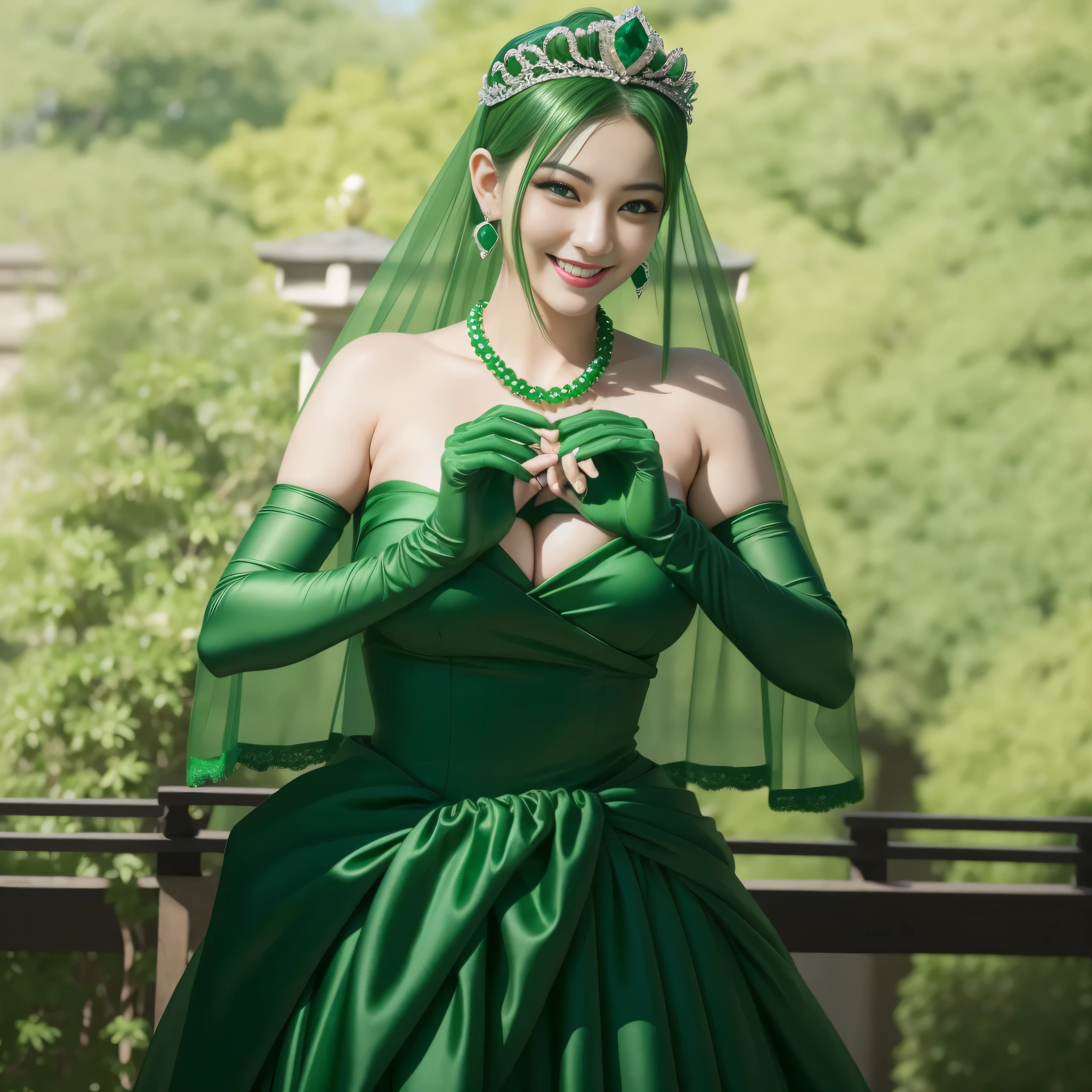 emerald tiara, green pearl necklace, ボーイッシュな非常に短いgreen hair, lipstick, smiling Japanese woman, very short hair, Beauty with large breasts, green eyes, Long Green Satin Gloves, green eyes, emerald earrings, green veil, heart with both hands, green hair