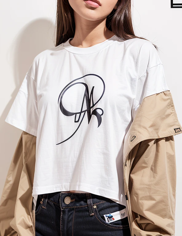 Logo with M and moon. This logo belongs to brand “Mahtab”. This logo is printed on oversized white t-shirt, a Girl wears this oversized t-shirt.(((logo with letter “M”))),(((logo with letter “M”))),(((logo with letter “M”))),(((logo with letter “M”))),