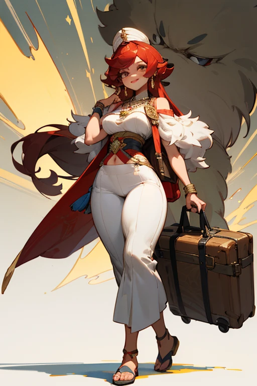(Masterpiece: 1.5, best quality, high resolution: 1.3, super resolution, super detailed, ultra detailed: 1.3, rich background: 1.2, 1 woman)) brown skin + red hair + long fluffy hair + gray eyes + long eyelashes + no fringe + feminine body + defined figure + medium chest + wide hips + thick thighs (wide and long pants, long sandals intricate, intricate top, fabric hanging from her shoulder to her hip, weapons hanging from her hip, tribal accessories, intricate details, pyro vision hanging from a thick necklace) ((cheerful expression, holds her travel bag, standing on her two legs, solar lighting trees in the background, traveling scholar) (colors of clothing and accessories: white, black, red, cream, gold)