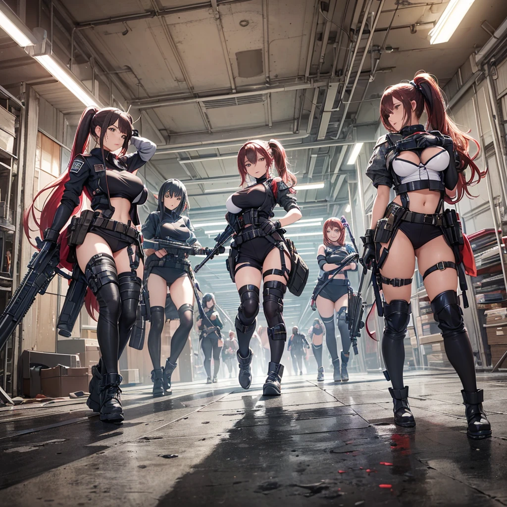 perfect anime illustration,8k,masterpiece,Super high-definition description,,(wide angle of view),5 person team,(five people)(five sisters.5 or more people,five girls, clone, identical sisters, redhead, ponytail, hairstyle that suits you, hazel eyes, smile,big breasts,Outstanding style,white skin, heel boots, Different clothes,army,navy,air force, Military uniforms, ((very glow uniform))(Sexy exposed combat uniform),((sexy armor uniform)),(((shiny sexy battle uniform))) gun,Missile.swords,survival mode.(Battle Field),High resolution, whole body, formation, background sisters,((sisters in a vast armory weapons warehouse))combat readiness,Inside the secret base、combat operations、action movie,