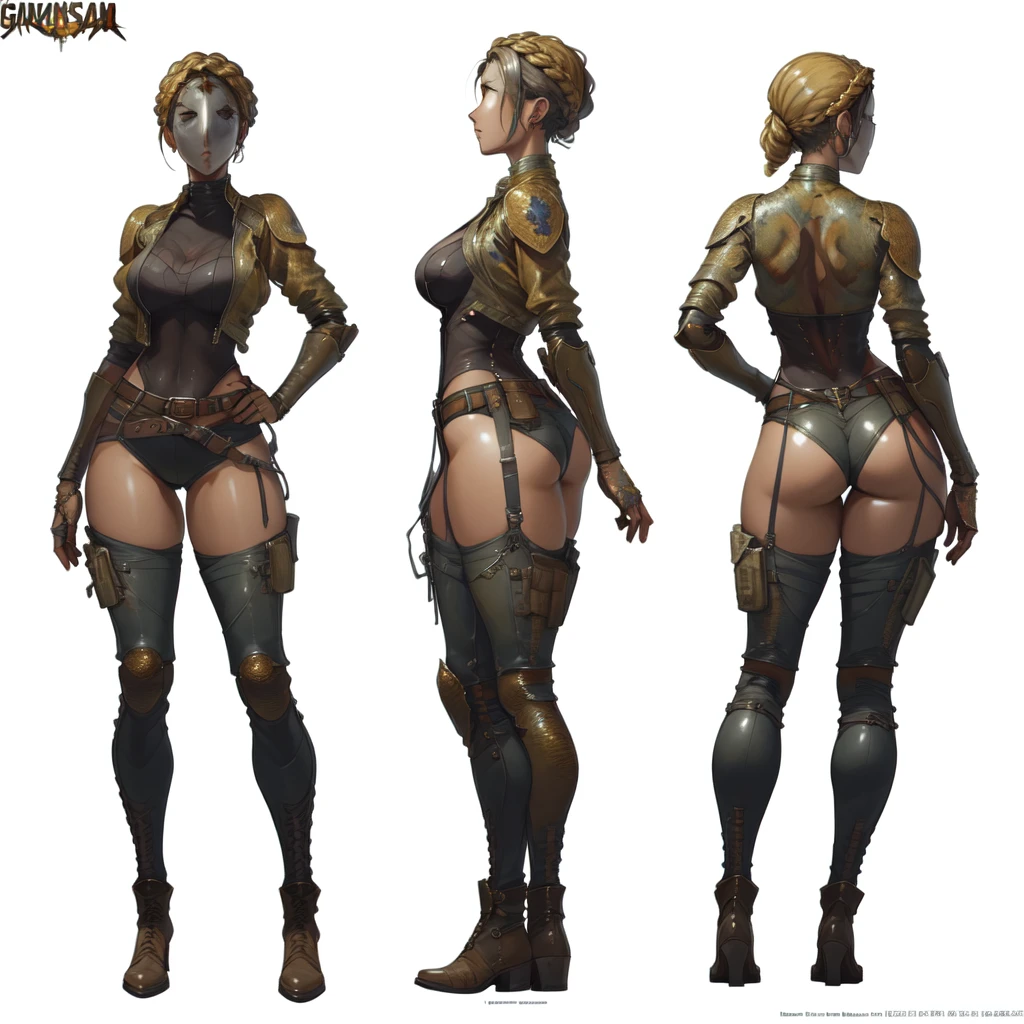 front view, side view, back view, different poses of female apocalypse mercenary, masterpiece, best quality, detailed face, toned, military gear, boots, belt, laces, strings, ((snakeskin pants)), video game character design, character artwork, video game character art, official concept art, ( ( character concept art ) ), high quality character design, character art the contra, full character concept art