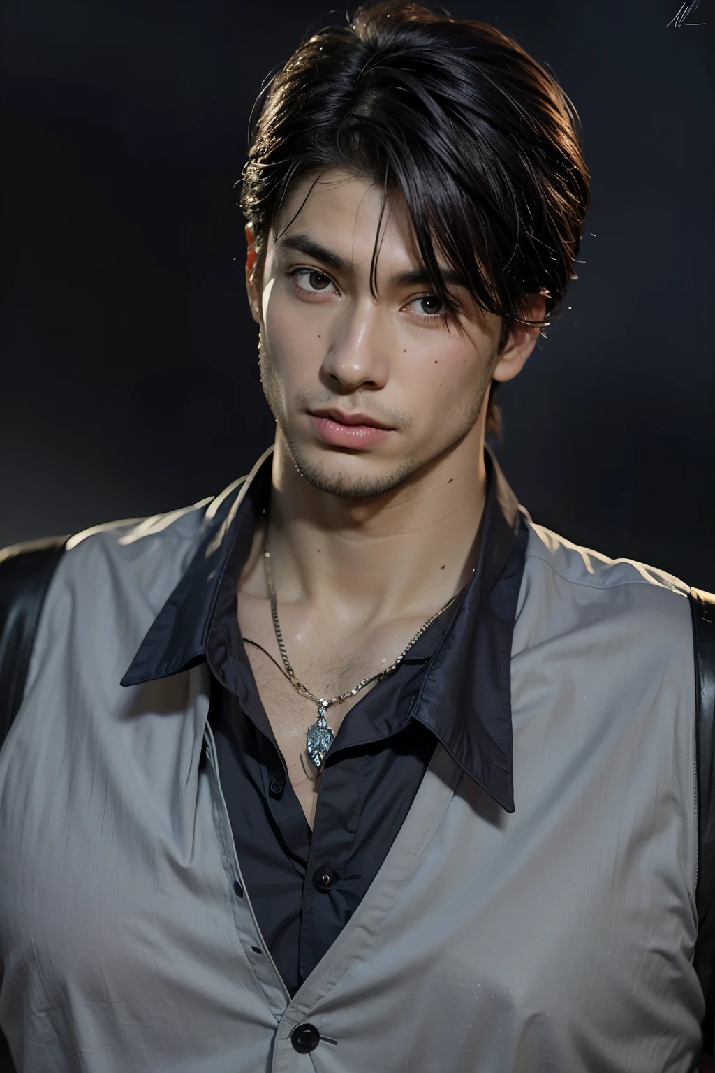 a man with a black shirt and a white shirt is staring at the camera, realistic