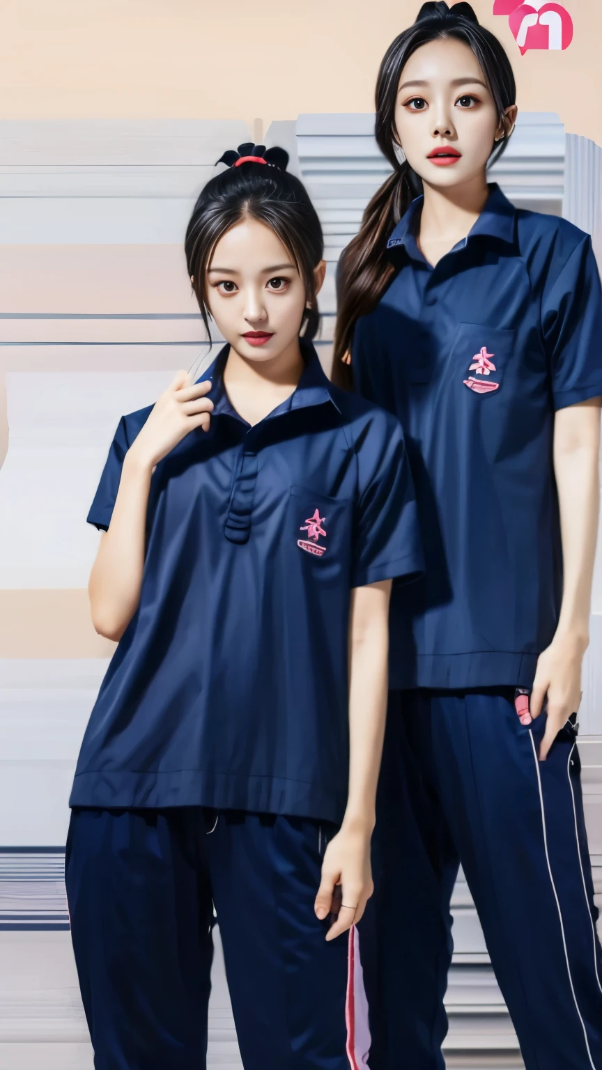 friendship,2 girls in the piano room, Navy blue short-sleeved shirt,Navy Long Trackpant,Sweatpants, Sweatpantsขายาว,25 year old girl, lesbian, sexy, exercise clothes