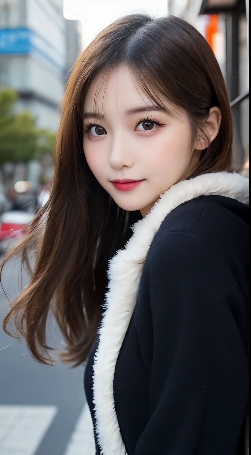 table top, highest quality, shape, Super detailed, finely, High resolution, 8k wallpaper, 完璧なダイナミックな構shape, beautiful and detailed eyes, Gorgeous and stylish black fluffy latest Tokyo winter clothes,ランダムなcute髪,small breasts,natural color lip, bold sexy pose,smile、20 year old girl、cute、sexy shot looking at camera,Always blur the background,perfect and beautiful face,Take only the face,beautiful and detailed face、slim face and style,Big eyes、Do gal makeup,real photos