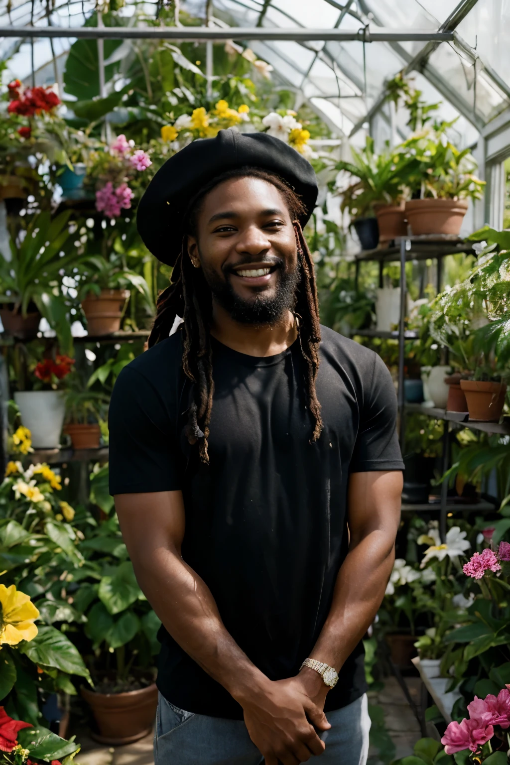 ((perfect photograph)), ((realistic)), ((8k)), (perfect face), handsome Jamaican man wearing a straight black shirt, standing square in front of the camera, in a glass greenhouse full of a large variety of colorful flowers, wearing a hat, dreads, smiling, sunny day, scruffy beard, arms out ready for a hug