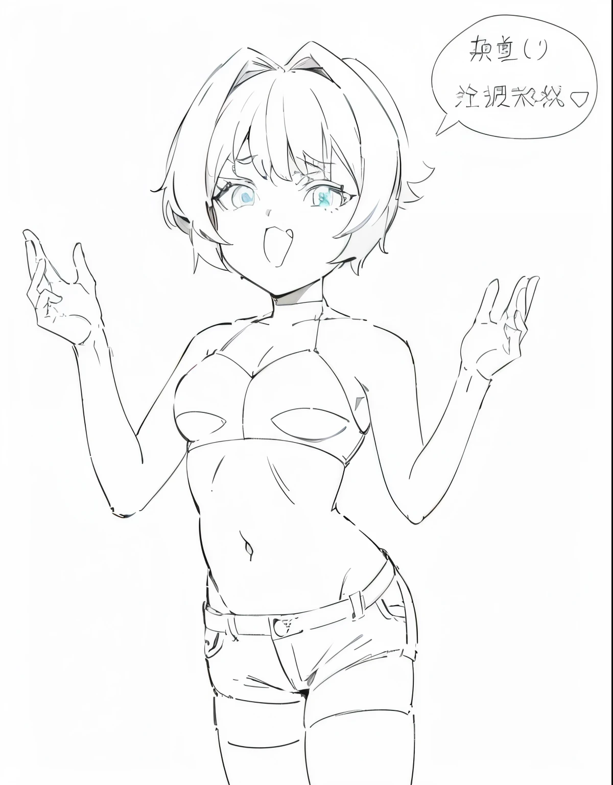 Realistic, best quality, small curvy , anime shading, hands behind her body pose!, thick outline, an anime drawing, pencil doodle, scribble sketch, flat anime style shading, detailed but rough, an anime girl, anime shading, big thighs, sexy bodysuit under small shirt, revealing baggy shirt,