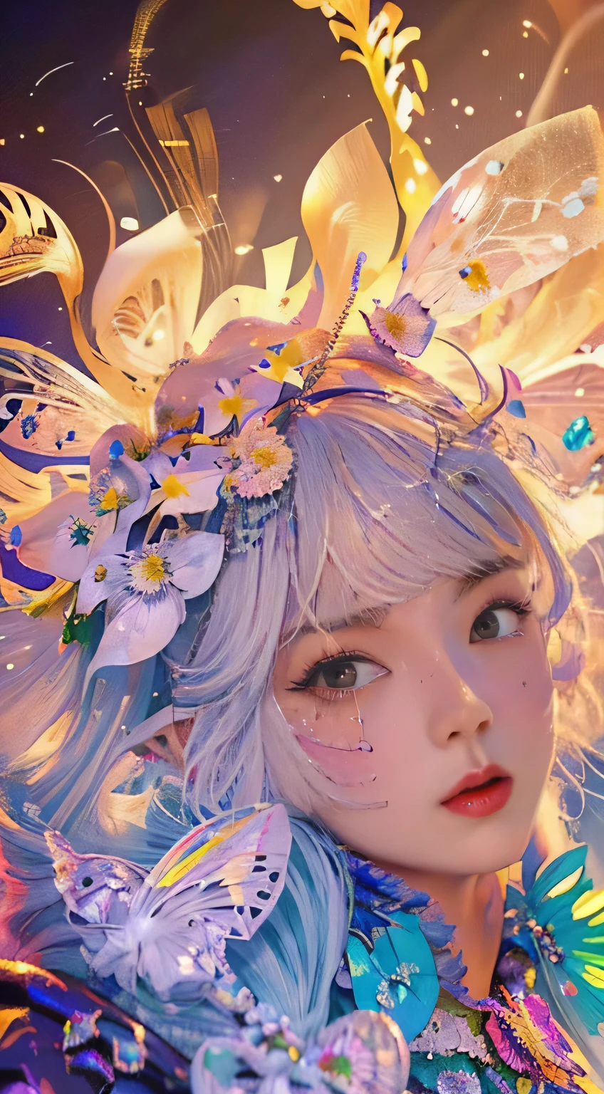official art、pure 8k wallpaper、Super detailed、beauty and aesthetic、masterpiece、highest quality、(ゼンtangle、datura、tangle、tangle,:1.5)、(fractal art:1.3)、(photorealistic stick:1.2)、sharp focus、1 girl 、Accurate anatomy body and hands、Front facing、very detailed、huge breasts、navel、Sexy thighs、sensual curves、Insanely intricate exotic dancer costumes、dynamic pose、Changing the Pose、dynamic angle、(cowboy shot)、The most beautiful chaotic shapes、elegant、fauvism design、(bright colors、romantic atmosphere,)、happy mood、beautiful paintings、ecstasy note、 I can see the flowing notes、I don&#39;t draw weird fingers.、