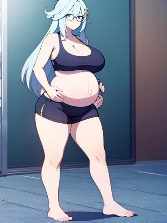 full body, standing, barefoot, thicc, very big breasts, pregnant, long hair, sports bra, very thight shorts, glasses