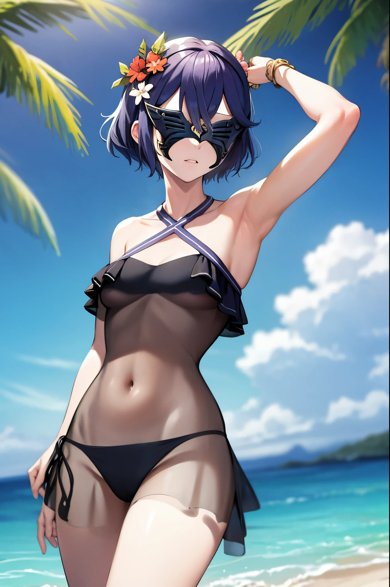 masterpiece, best quality, sumLucy, short hair, hair ornament, mask, covered eyes, see-through, halterneck, bikini, solo, 1girl