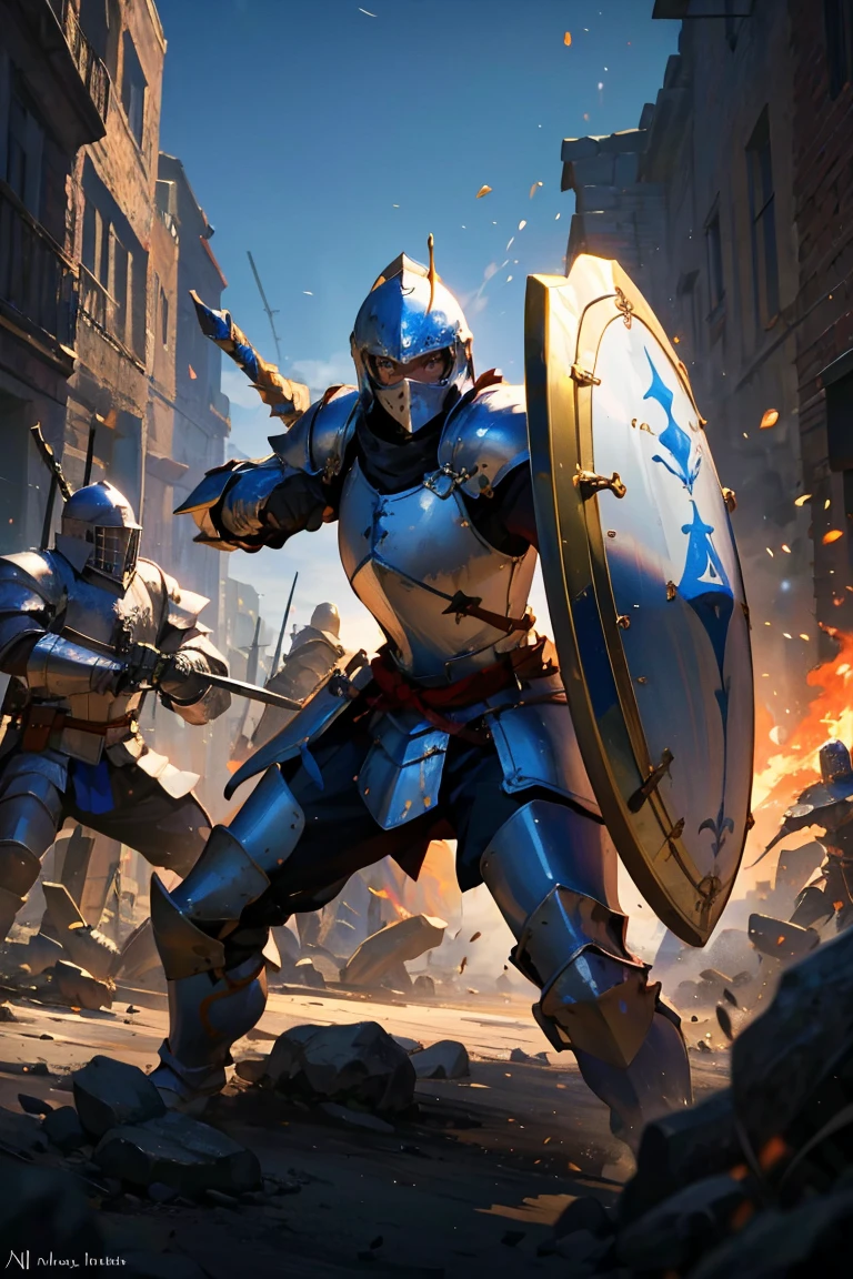 masterpiece, glowing,1 man, knight, fighting stance, in the middle of battle, armor, warrior, holding large shield