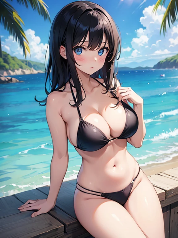 anime,masterpiece, best quality,cute eyes,1girl,solo,looking at viewer,bangs,blush,breast,black hair,blue eyes,cute,black bikini,bikini,thighs