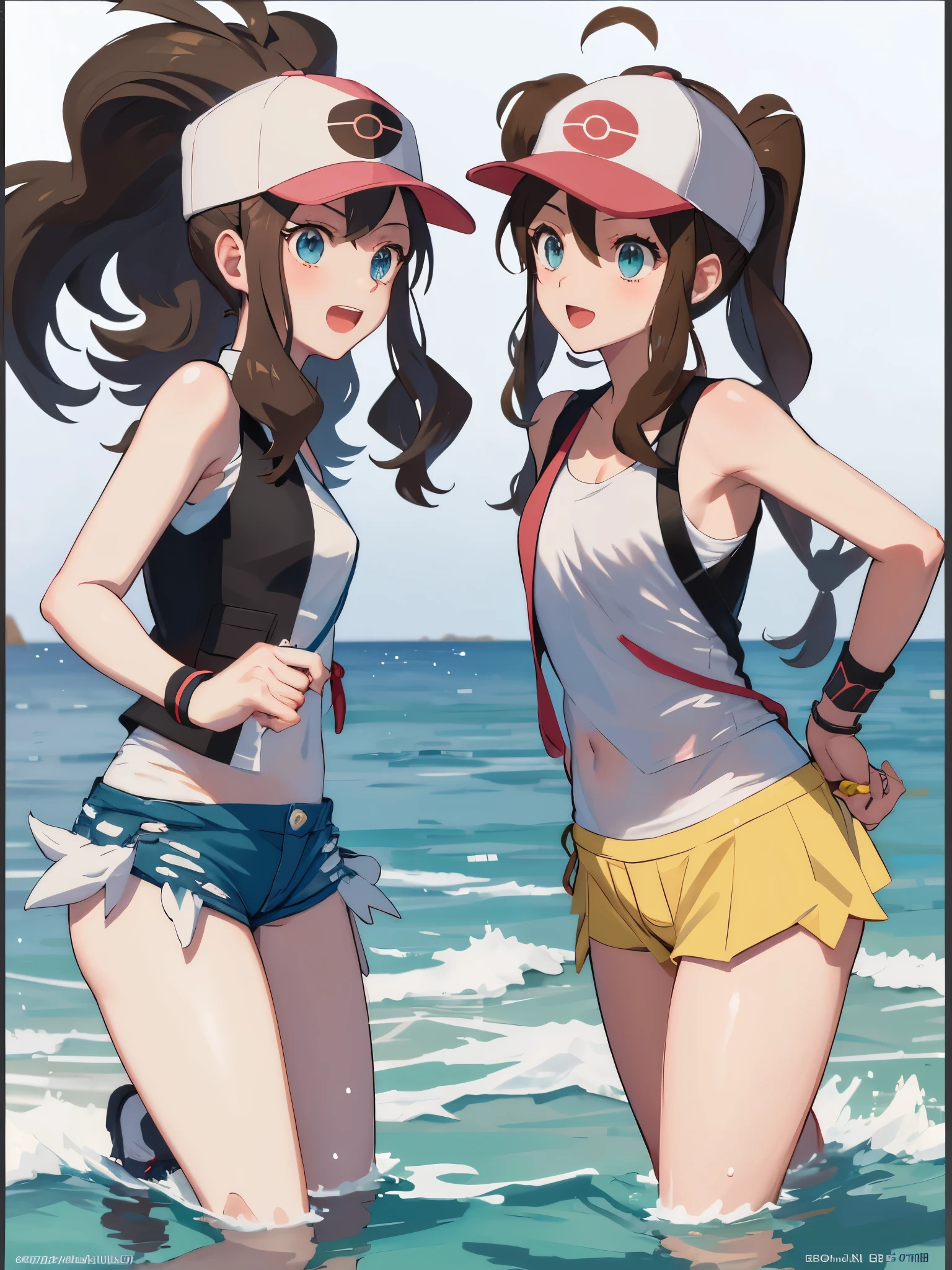 Two people,Pokémon characters of Hilda and Rosa,Both were wearing white swimsuits,green eyes,hat,outdoor,Water's Edge