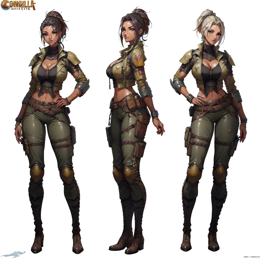 front view, side view, back view, different poses of female KarolinaDemy as apocalypse mercenary, masterpiece, best quality, detailed face, toned, military gear, boots, belt, laces, strings, ((snakeskin pants)), video game character design, character artwork, video game character art, official concept art, ( ( character concept art ) ), high quality character design, character art the contra, full character concept art