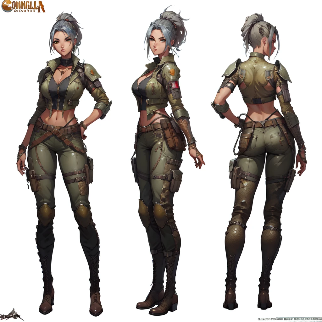 front view, side view, back view, different poses of female KarolinaDemy as apocalypse mercenary, masterpiece, best quality, detailed face, toned, military gear, boots, belt, laces, strings, ((snakeskin pants)), video game character design, character artwork, video game character art, official concept art, ( ( character concept art ) ), high quality character design, character art the contra, full character concept art