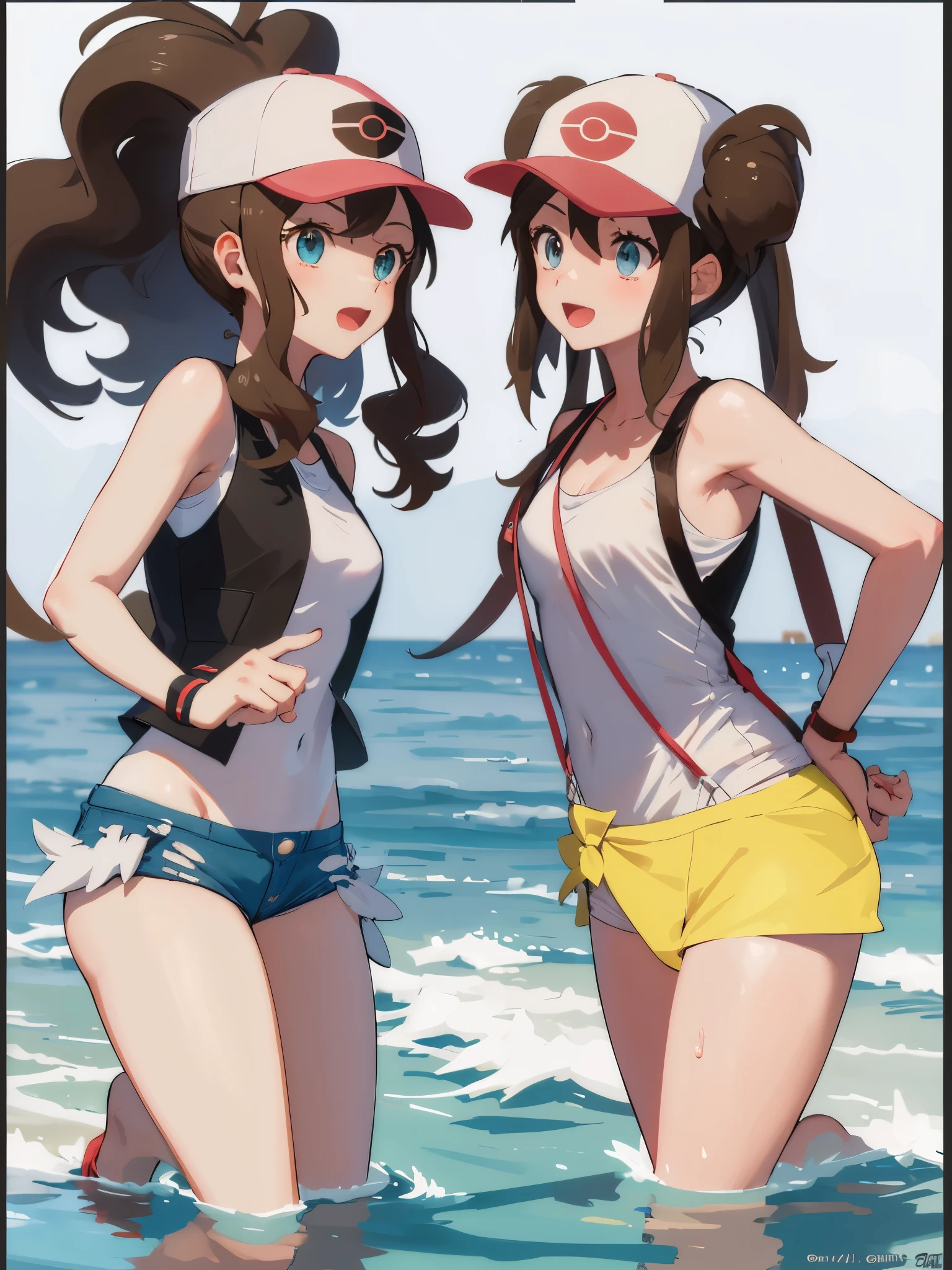 Two people,Pokémon characters of Hilda and Rosa,Both were wearing white swimsuits,green eyes,hat,outdoor,Water's Edge