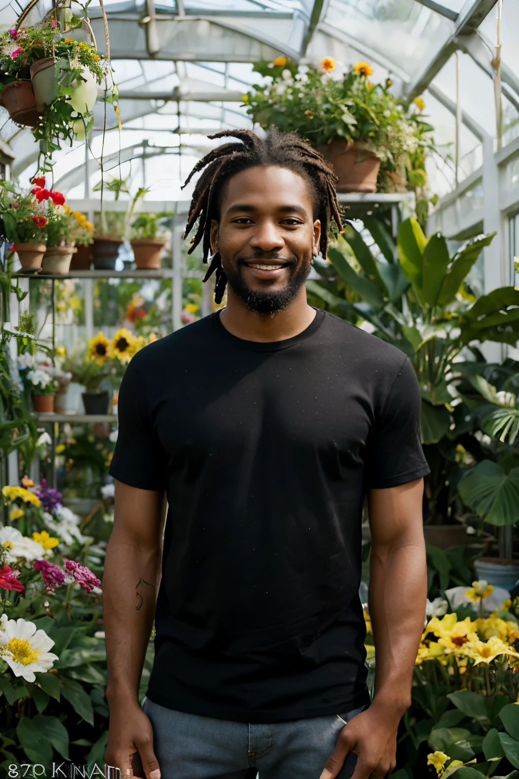 ((perfect photograph)), ((realistic)), ((8k)), (perfect face), handsome Jamaican man wearing a straight black shirt, standing square in front of the camera, in a glass greenhouse full of a large variety of colorful flowers, short dreads, smiling, sunny day, scruffy beard