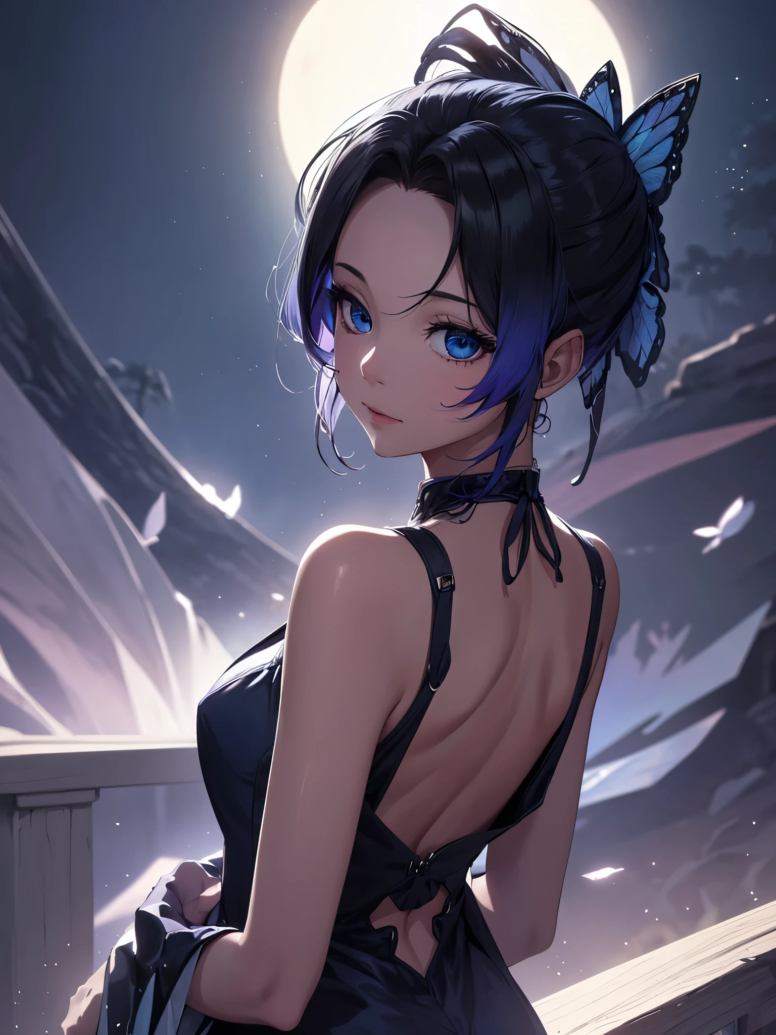 close-up, 1, upper body,Shiny blue dress with the low back , background in a beautiful place,highly detailed CG, unit, 8K wallpapers, highest quality, high resolution, beautiful lighting, realistic shadow,detailed face Highly,detailed eyes Highly,detailed hair Highly
