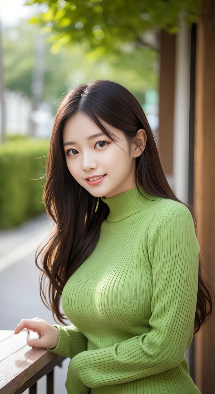table top, highest quality, Photoreal, finely, High resolution, 8k wallpaper, perfect dynamic composition, beautiful and fine eyes, medium hair, random sexy poses,chest to chest、(Tight Green Knitwear)、(Breast bulge 1.0)、laughter、open your mouth、resort scenery、25 years old、(droopy eyes 1.4)、 beauty、Japanese、Tehepero