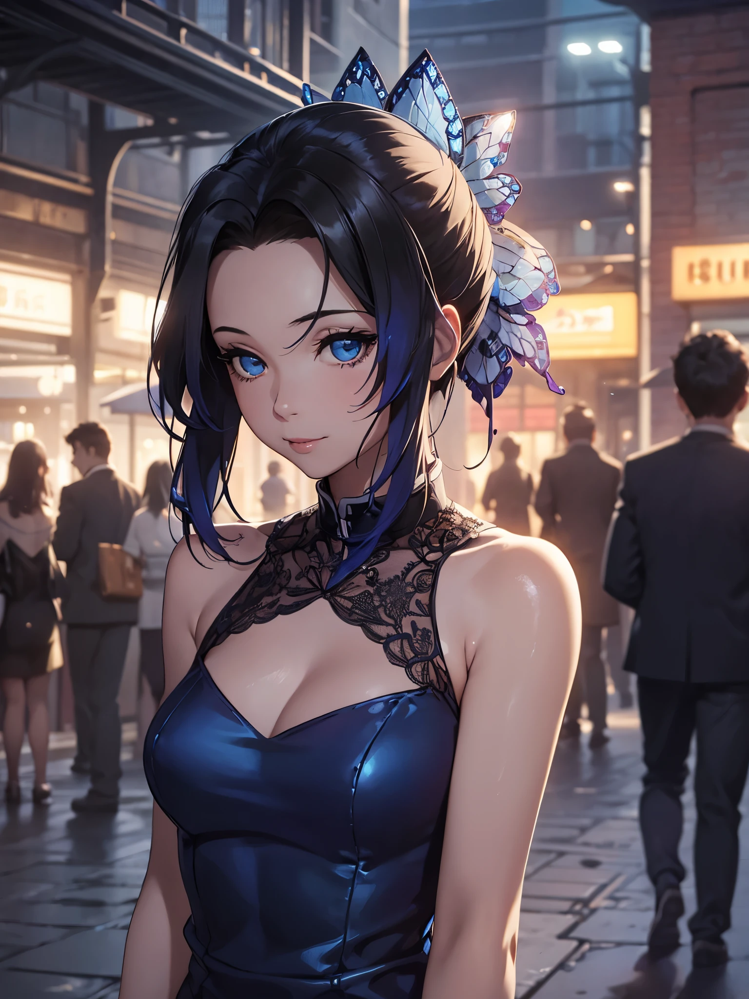 woman 1, upper body,Shiny blue dress with the low back , background in a public place,highly detailed CG, unit, 8K wallpapers, highest quality, high resolution, beautiful lighting, realistic shadow,detailed face Highly,detailed eyes Highly,detailed hair Highly