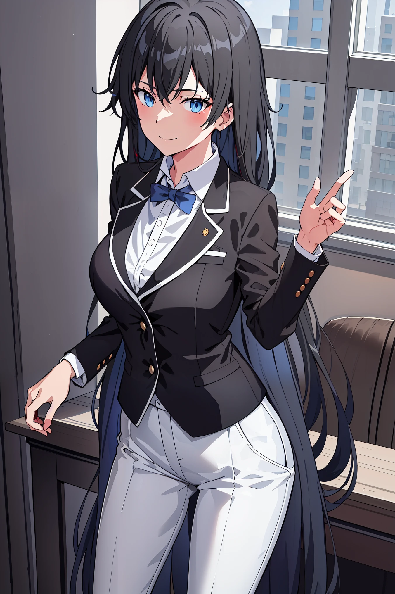 ((best quality)), ((masterpiece)), (detailed) 1girl, ;\), blurry, blurry_background, breasts, , hair_long looking_at_viewer, ok_sign, open_hand, Yukinoshita Yukino ,Woman wearing formal clothes, An attractive coat stands in a large gap in the room , 1girl, 独奏, blue necktie, Black hair, eyes blue, long hair, smile , collared shirt, white pants, white shirt , Elegantly designed coat , Stand in front of a window ,Perfectly tailored tailcoat. It has a stunning Victorian design and is made of lustrous fabric
