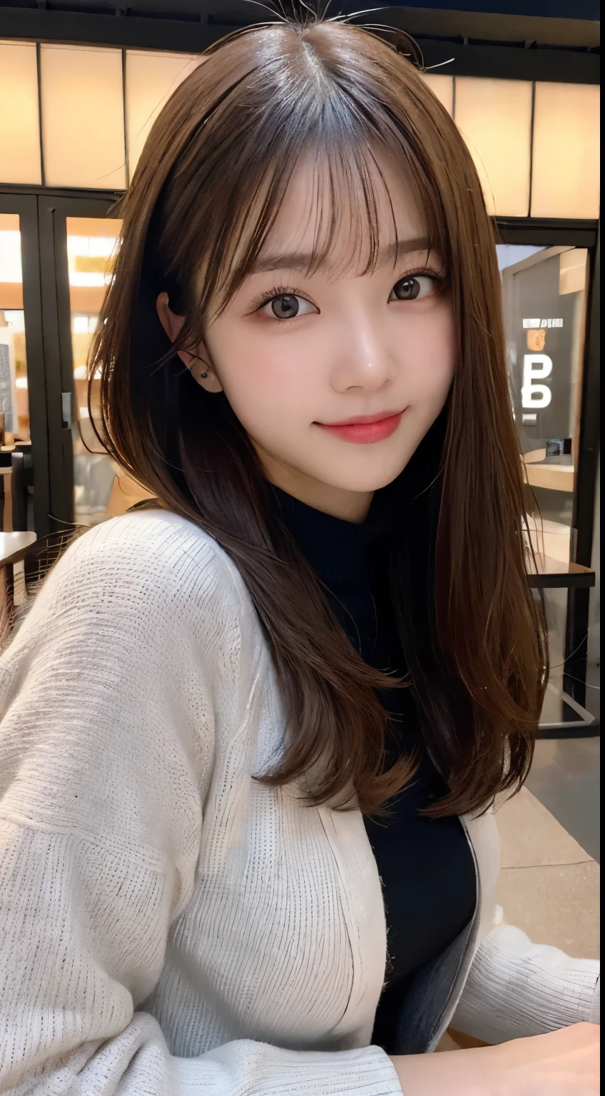 table top, highest quality, shape, Super detailed, finely, High resolution, 8k wallpaper, 完璧なダイナミックな構shape, beautiful and detailed eyes, Gorgeous and stylish black fluffy latest trend Tokyo winter clothes,ランダムなcute髪,small breasts,natural color lip, bold sexy pose,smile、20 year old girl、cute、sexy shot looking at camera,Always blur the background,perfect and beautiful face,Take only the face,beautiful and detailed face、slim face and style,Big eyes、Do gal makeup,real photos