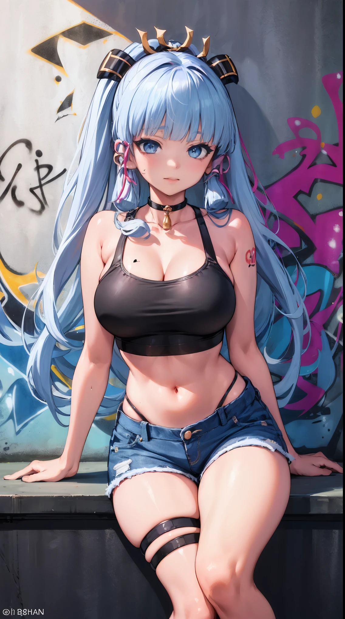 kamisato ayaka|genshin impact, master-piece, bestquality, 1girls,25 years old, oversized breasts, crop top, shorts jeans, oversized breasts, ,bara, crop top, shorts jeans, choker, (Graffiti:1.5), Splash with purple lightning pattern., arm behind back, against wall, View viewers from the front., Thigh strap, Head tilt, bored, water eyes,