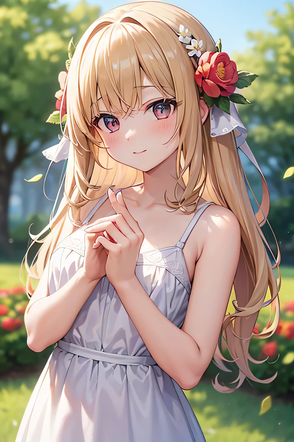 masterpiece、Highly detailed CG unified 8k wallpaper、1girl、beautiful、real、blurry、blurry_background、blurry_foreground、branch、梅のflower、depth_of_field、flower、gem、nose、Realistic、blonde、solo、Children's clothing with upper white and lower red、Hide fingers、Hide arms、just wear a bra、whole body、