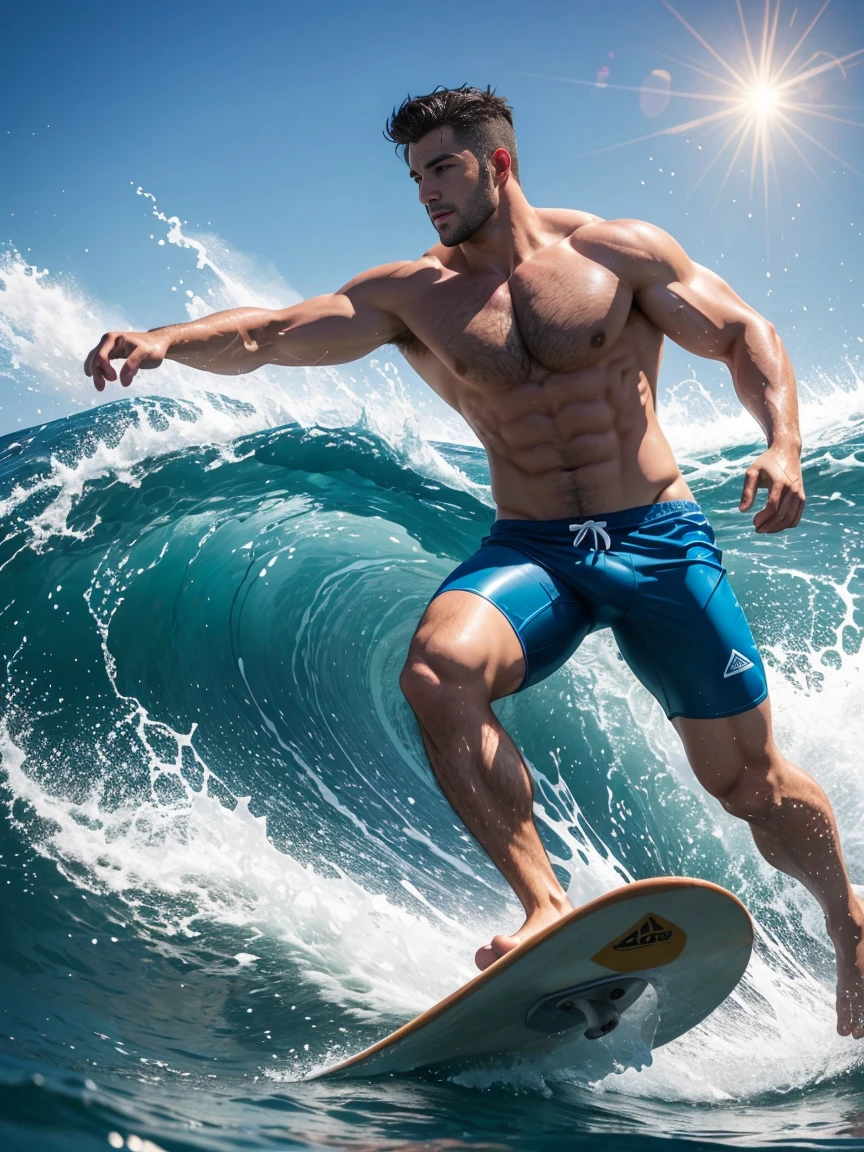 8k，8K resolution，2 Muscular Europeans, handsome man，charming eyes，rough real skin,beautiful, smooth and shiny，Full muscles，Thick body hair， (Wearing fashionable swimming trunks)，big bag，emphasize，(Sea surfing)，Two men are brave，两个人分别前后在Sea surfing互相追逐，The waves are high，Dashing out of the waves quickly on a skateboard with both feet，Beautiful and professional pose，professional lighting，Professional photography，Realistic photos，realistic model，realistic art
