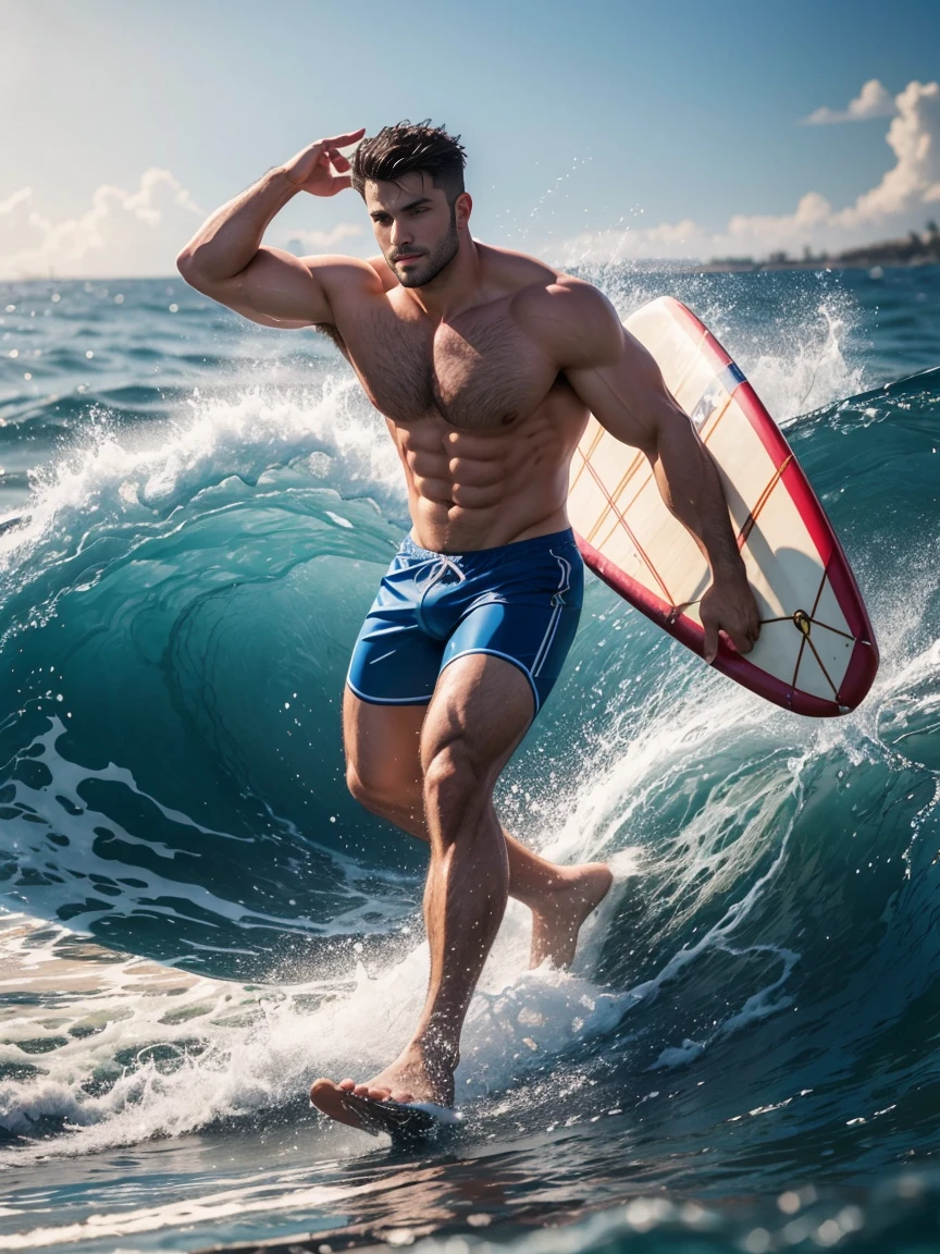 8k，8K resolution，2 Muscular Europeans, handsome man，charming eyes，rough real skin,beautiful, smooth and shiny，Full muscles，Thick body hair， (Wearing fashionable swimming trunks)，big bag，emphasize，(Sea surfing)，Two men are brave，两个人分别前后在Sea surfing互相追逐，The waves are high，Dashing out of the waves quickly on a skateboard with both feet，Beautiful and professional pose，professional lighting，Professional photography，Realistic photos，realistic model，realistic art