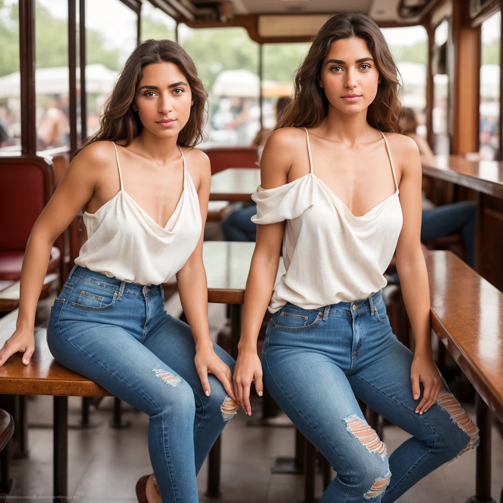 nsfw, 8k, RAW photo, best quality, ultra high res, photorealistic, realistic photo of a girl, bare shoulders ,only jeans, sitting in a diner, beautiful, detailed face, detailed, highres, realistic, photorealistic, full body, head to toe, legs, matte skin, pores, wrinkles, (extremely detailed CG unity 8k wallpaper), photo of the most beautiful artwork in the world, professional majestic (photography by Steve McCurry), 8k uhd, dslr, soft lighting, high quality, film grain, Fujifilm XT3 sharp focus, f 5.6, High Detail, Sharp focus, dramatic, (looking at viewer:1.2), (natural light)