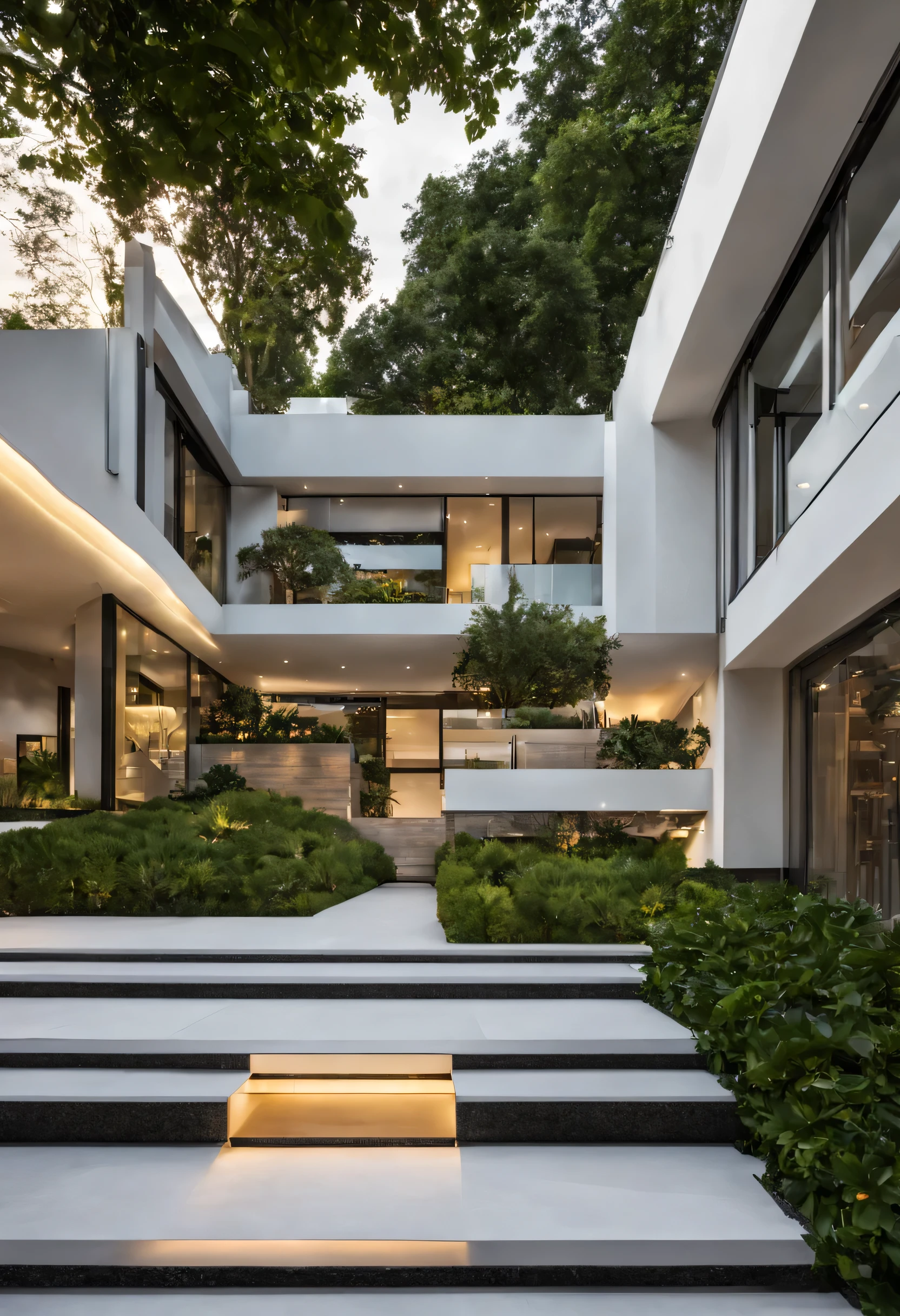 mansion type modern house garden. light up for evening function.
