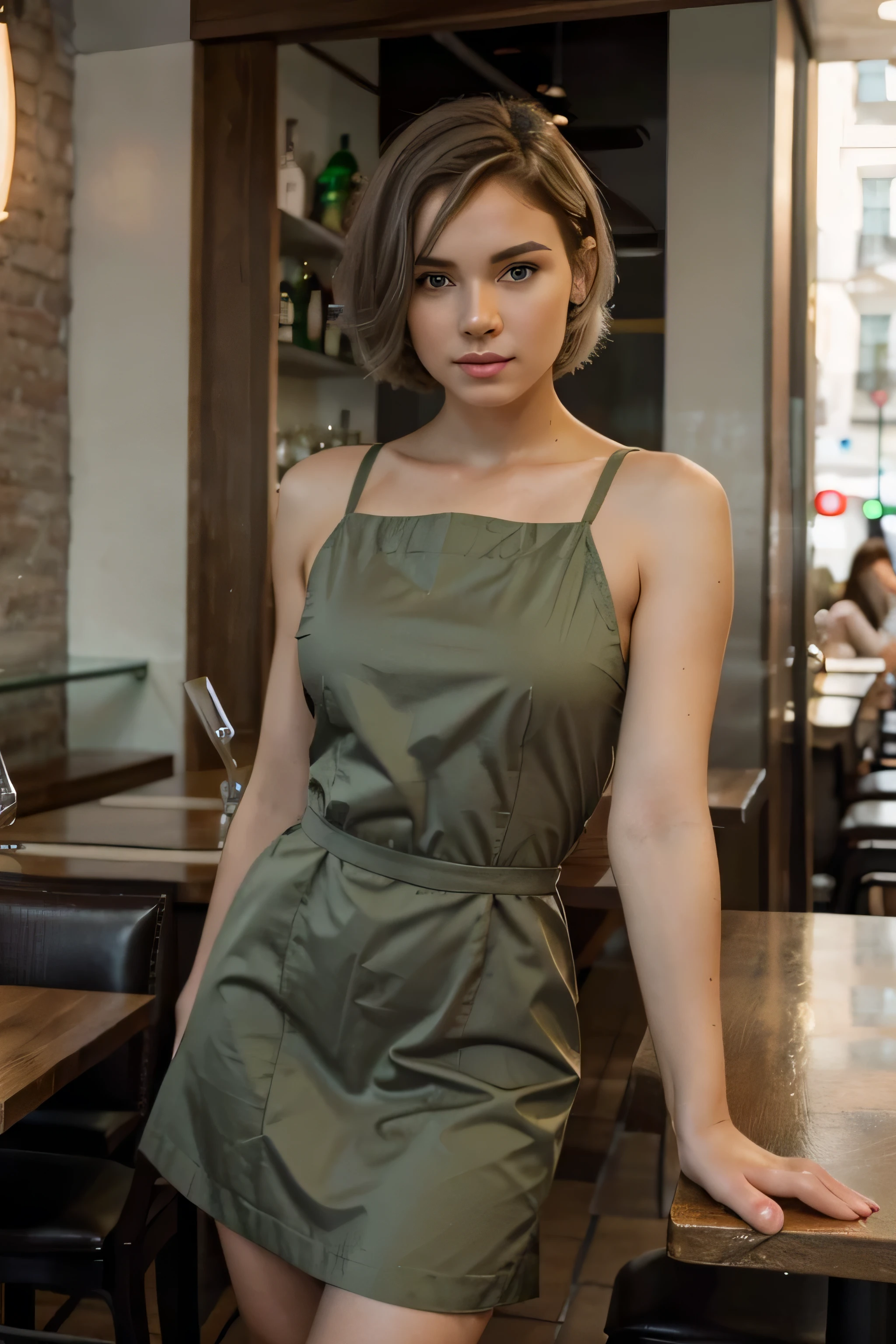 1girl, solo, looking at viewer, short hair, grey hair, hazel green eyes, standing, restaurant, green short dress, day, lips, realistic