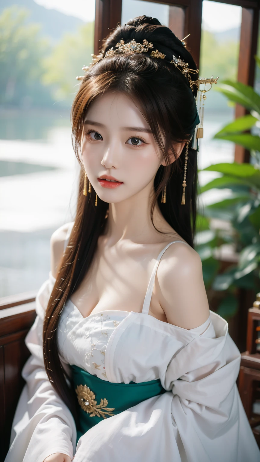 （whole body,panoramic），cleavage,Shoulder，perfect eyes，perfect iris，perfect lips，perfect teeth，perfect skin，White skin，soft headlights，Front light，Chinese girl，Yarn（Colorful Hanfu），（chinese woman&#39；hairstyle），（Various dynamic poses），Background Chinese interior，Green trees outside the window，MUCH QUALITY，masterpiece，ultra high resolution，（lifelike：1.4），original photo（Super lifelike details）， best quality，（18-year-old Chinese fashion female model）