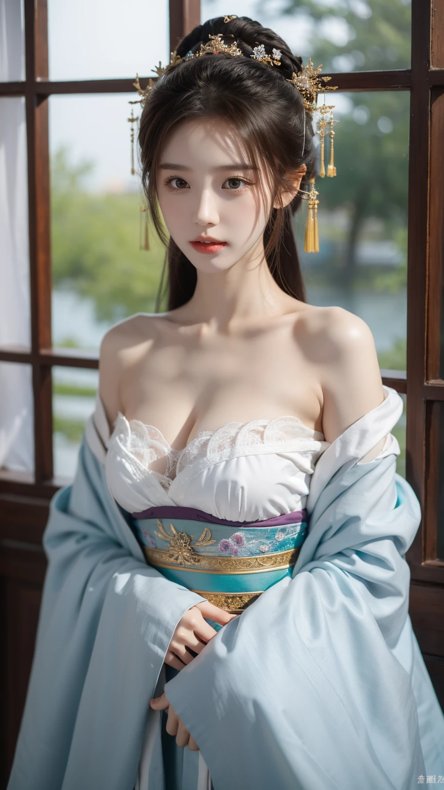 （whole body,panoramic），cleavage,Shoulder，perfect eyes，perfect iris，perfect lips，perfect teeth，perfect skin，White skin，soft headlights，Front light，Chinese girl，Yarn（Colorful Hanfu），（chinese woman&#39；hairstyle），（Various dynamic poses），Background Chinese interior，Green trees outside the window，MUCH QUALITY，masterpiece，ultra high resolution，（lifelike：1.4），original photo（Super lifelike details）， best quality，（18-year-old Chinese fashion female model）