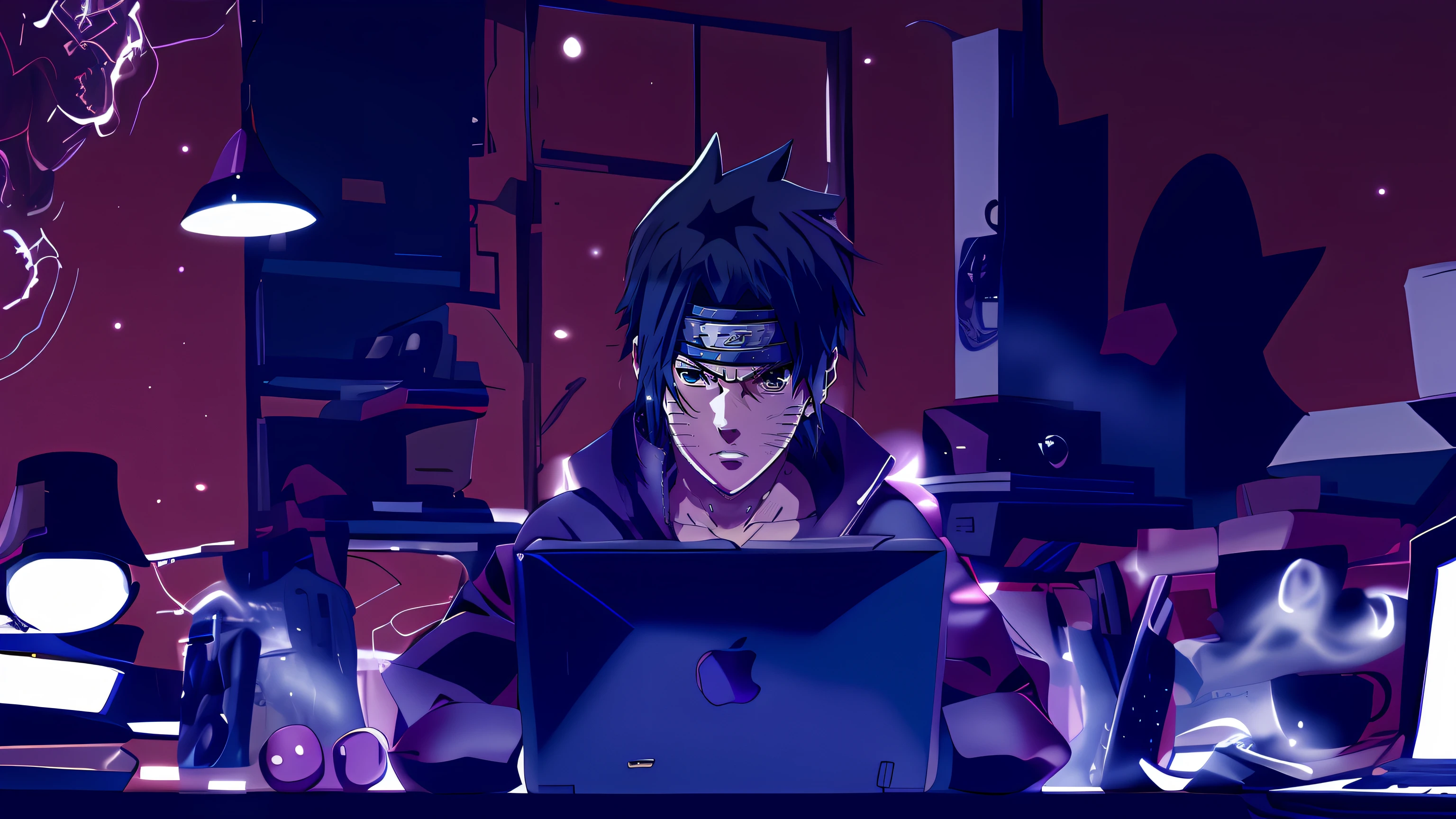 personagem de anime sentado em uma mesa com um laptop, sasuke uchiha, Estilo anime 4K, badass anime 8 k, Estilo anime moderno, Estilo anime. 8k, itatchi uchiha, Epic anime style, Steve Jobs como Hokage, Estilo anime muito moderno, Estilo anime", Estilo anime 2D, em Estilo anime, Estilo de arte Ufotable