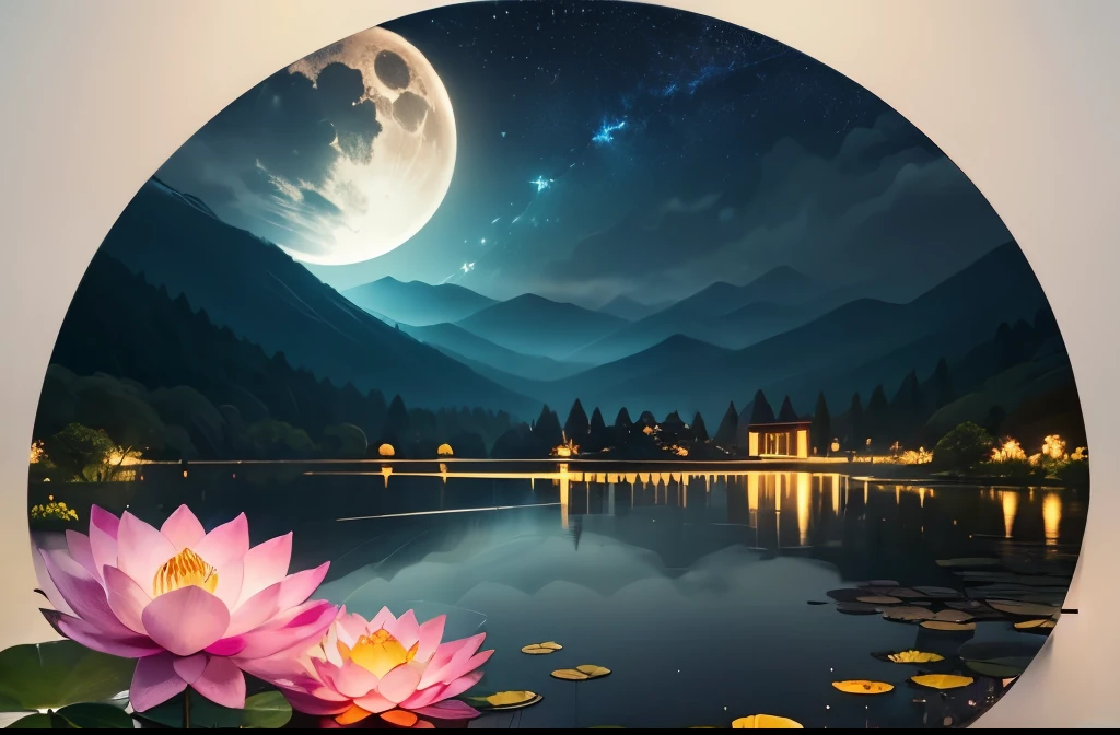 at night, Illuminates only moonlight, Curve Moon, mountains in the distance, Beautiful large lotus flowers nearby, Large Red Lotus Flowers, Running water nearby, Frog, summer, Full of joy, Curve Moon in the sky mixed with stars, awesome wallpaper, raining night, Night in the Rain, Beautiful and beautiful, movie, high detail ((shower))), 8K
