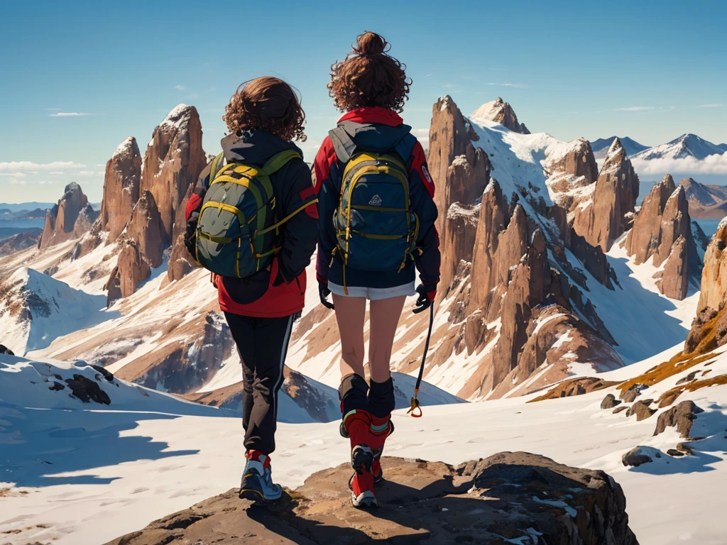 (obra maestra:1.0), (Mejor calidad:1.0),(ultra detallado:1.0), 1 chica,curly brown hair,topknot,Chaqueta roja,uniforme de escalada,chaqueta de nieve,Ropa de invierno,mochila,mountain,amanecer,mar de nubes,(mirando hacia otro lado,from behind,mirando hacia el futuro:1.4)