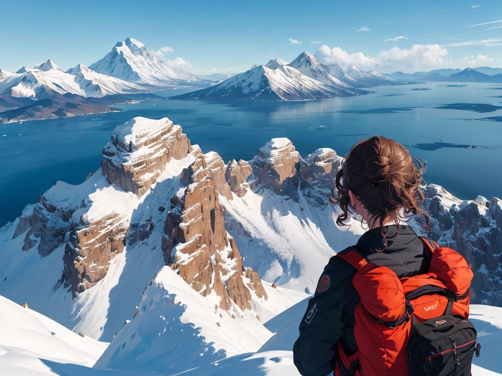 (obra maestra:1.0), (Mejor calidad:1.0),(ultra detallado:1.0), 1 chica,curly brown hair,topknot,Chaqueta roja,uniforme de escalada,chaqueta de nieve,Ropa de invierno,mochila,mountain,amanecer,mar de nubes,(mirando hacia otro lado,from behind,mirando hacia el futuro:1.4)