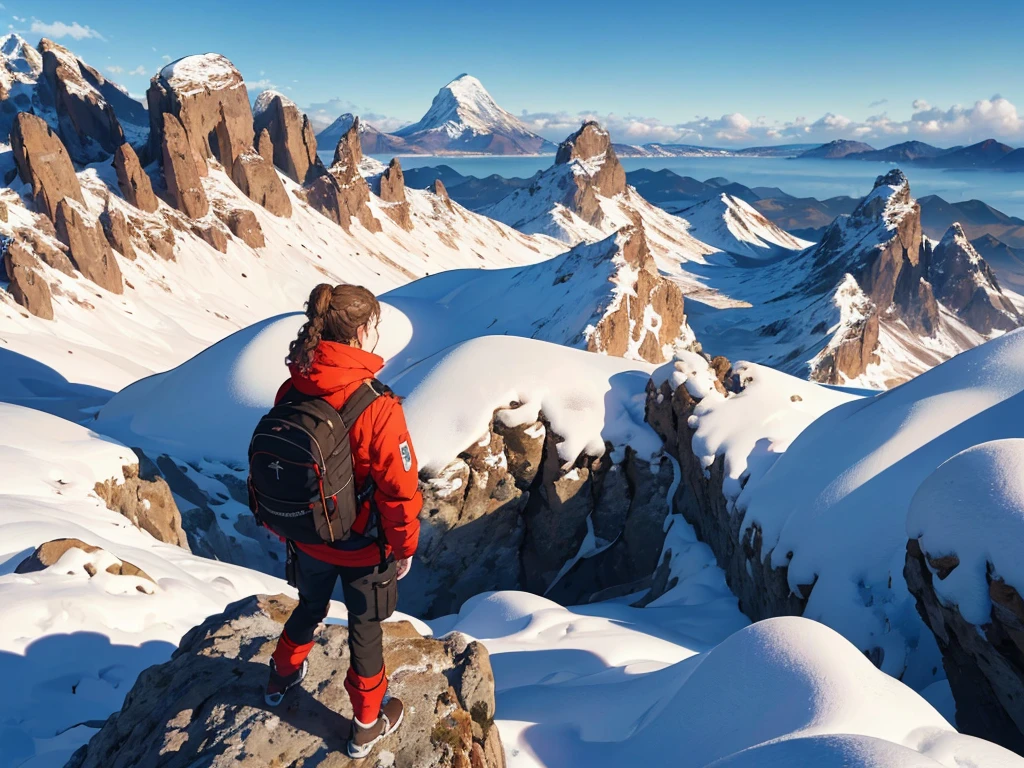 (obra maestra:1.0), (Mejor calidad:1.0),(ultra detallado:1.0), 1 chica,curly brown hair,topknot,Chaqueta roja,uniforme de escalada,chaqueta de nieve,Ropa de invierno,mochila,mountain,amanecer,mar de nubes,(mirando hacia otro lado,from behind,mirando hacia el futuro:1.4)