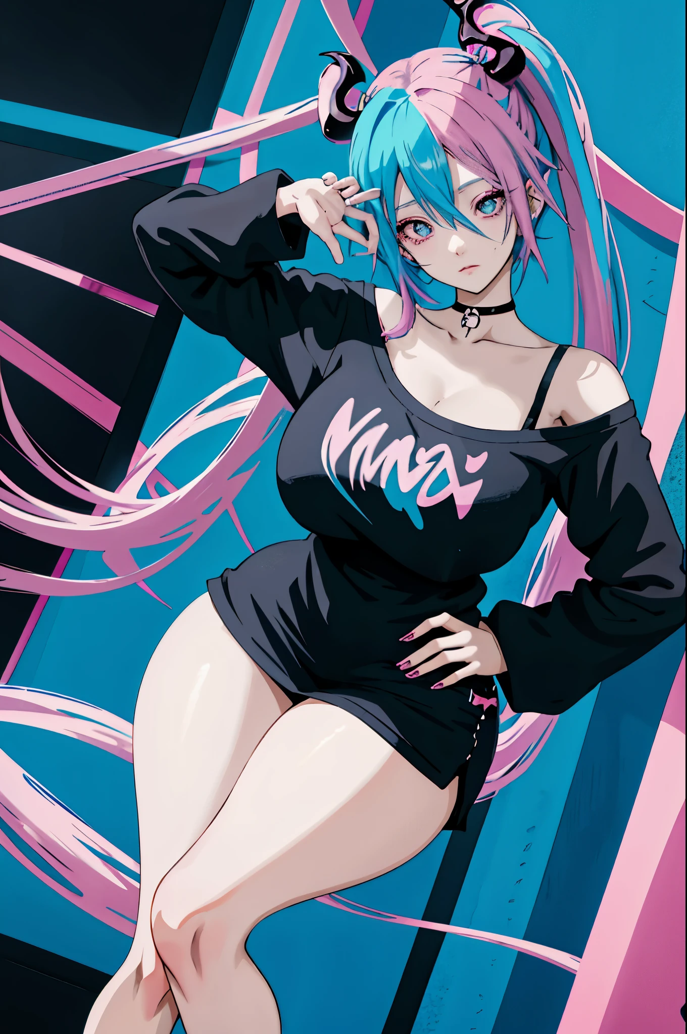 anime girl with blue hair and pink hair wearing a black shirt, 2 d anime style, anime girl with teal hair, anime style 4 k, anime moe artstyle, anime skull portrait woman, (anime girl), demon anime girl, emo anime girl, anime monster girl, anime artstyle, high quality anime artstyle, anime girl, mikudayo, anime style character