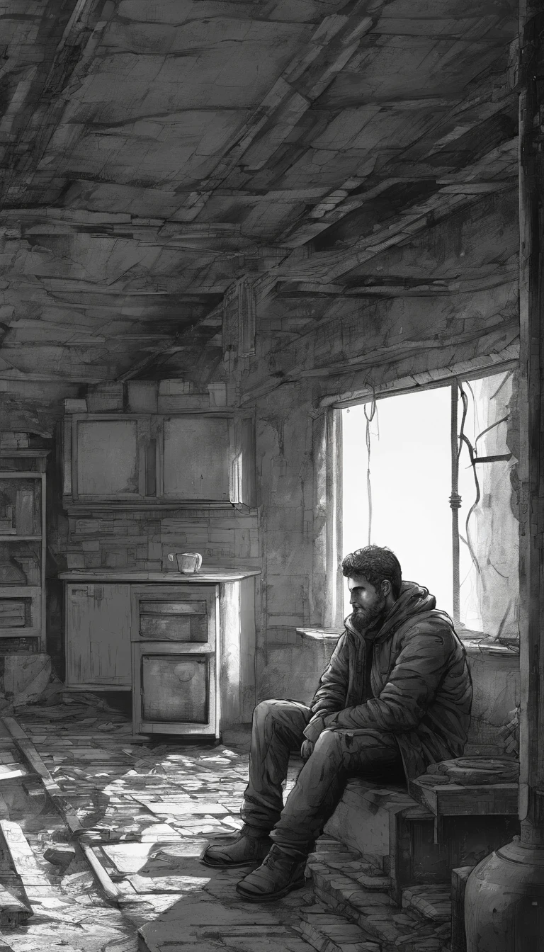 ART STYLE, A man sitting in a simple house was contemplating and tired, sub urban