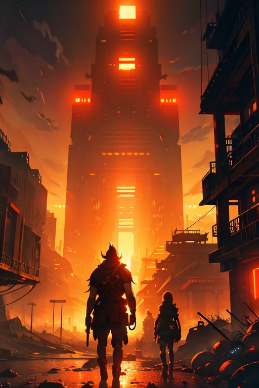 Dystopian, epic scene, anime Slice of Life, Fantasy, glowing red/orange/red, style of Greg Rutkowski and Studio Ghibli, apocalyptic world