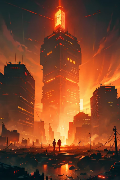 Dystopian, epic scene, anime Slice of Life, Fantasy, glowing red/orange/red, style of Greg Rutkowski and Studio Ghibli, apocalyptic world